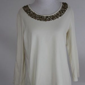 CHARTER CLUB RELAXED Ivory/Bronze Embellished Top
